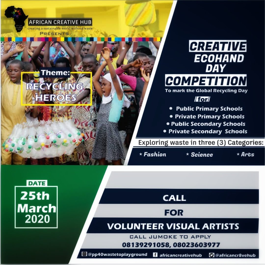 AfricanCr8veHub's tweet photo. Preparations are now in Top Gear for our Second Edition of #CreativeEcoHandDay Competition where we will be exploring Wastes in 3 Categories; #Science, #Fashion and #Arts for Primary/Secondary Public/Private Schools in Ibadan City to mark The Global Recycling Day @AfricanCr8veHub https://t.co/1zvd6mJBow