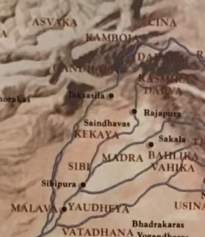To the south of Kāmbojas is the country of Gāndhāra with its capital at Takshashila (Taxila). This is the Attock-Swat-Charsadda-Peshawar-Islamabad region. To the south of Gāndhāra is the kingdom of Kekaya, which is the modern Dera Ismail Khan region between Jhelum and Indus.