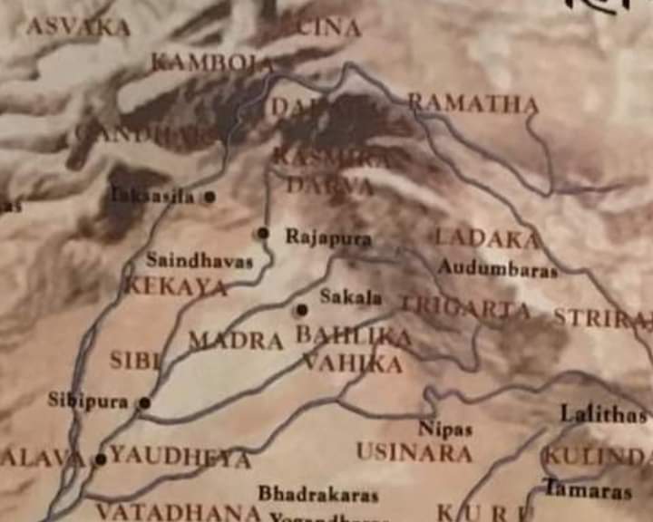 To their south is the kingdom of Sibi and its capital Sibipura(which is the modern Sehwan). To their east in the modern Majha region of Punjab is the ancient kingdom of Madrā. To their east is Vāhikas on the other side of the river Iravati(Ravi).