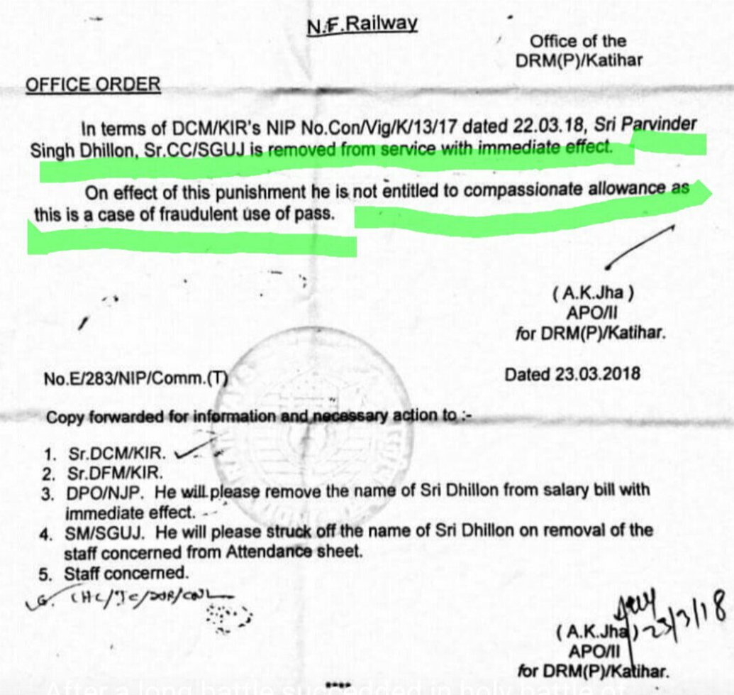 <a href="/SCRailwayIndia/">South Central Railway</a> <a href="/swatantravartha/">swatantravaartha</a> <a href="/RailMinIndia/">Ministry of Railways</a> <a href="/PiyushGoyalOffc/">Piyush Goyal Office</a> <a href="/drmgnt/">DRM Guntur</a> <a href="/drmvijayawada/">DRM Vijayawada</a> <a href="/rpfscr/">rpfscr</a> Suman Raj ADRM/NJP <a href="/drm_kir/">drmkatihar</a> <a href="/RailNf/">Northeast Frontier Railway</a> has finally reduced penalty of PS Dhillon to 3years increment stop on 23.1.20 @ ₹5Lac bribe as expected, Dhilon was previously removed on 22.3.18 for pass forgery wherein another corrupt <a href="/DcmKir/">Sr.DCM KiR</a>
Divedi allowed joining on 6.6.19 @ ₹17Lac bribe
