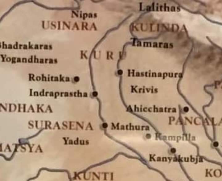 To their east is the kingdom of Kuru, the modern Haryana region around Delhi. It had two capitals- Indraprastha (Delhi) and Hastinapura (Meerut). To their South-East is the kingdom of Panchalas. It also had two capitals. "Ahicchatra" in the north and "Kampilya" in the south.