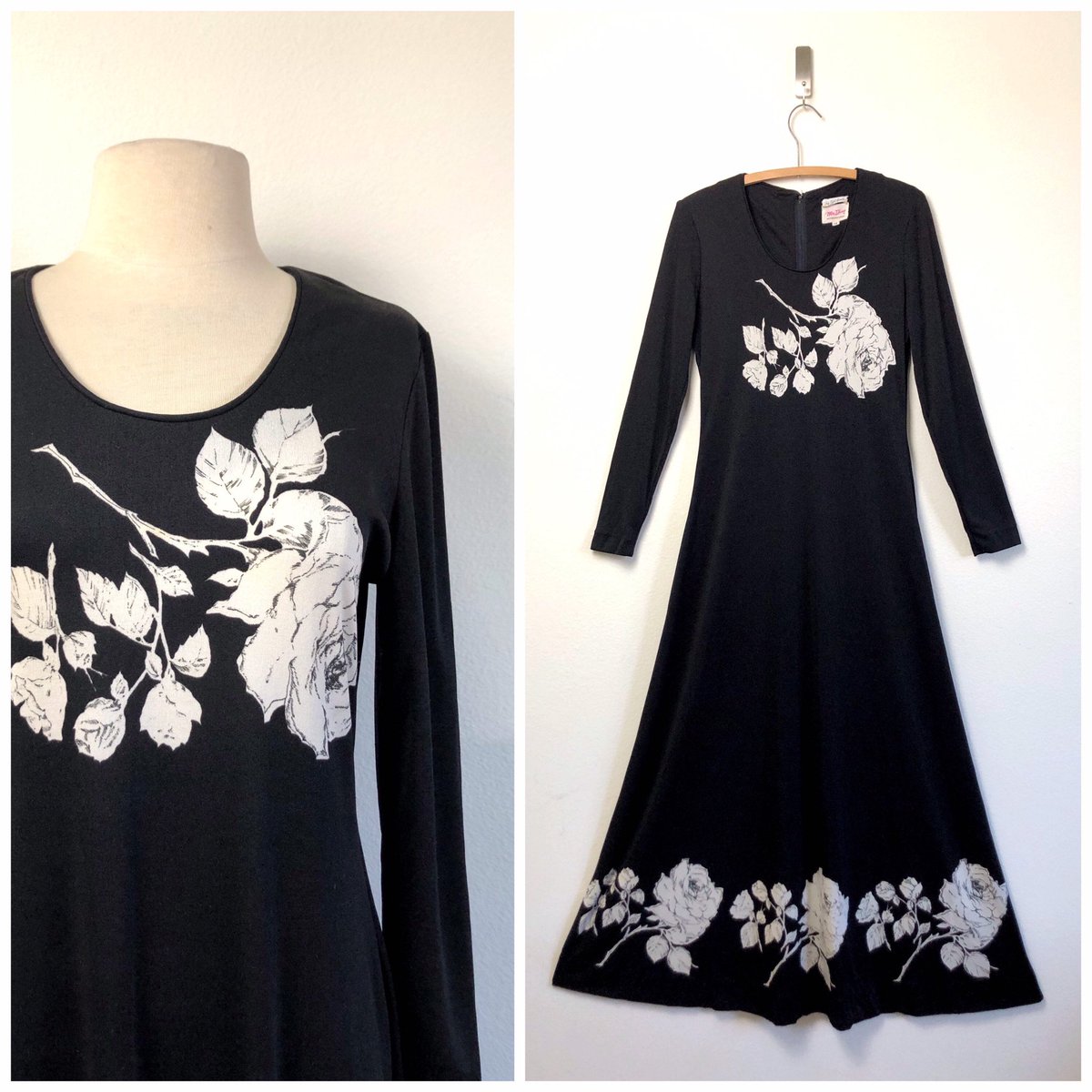 vintage Saks Fifth Avenue maxi dress | jersey knit black and white floral negative print | 1960s 60s 1970s 70s etsy.me/39J5zLI
