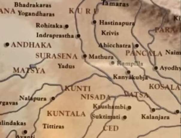 To the west of Panchalas is the kingdom of "Yadus" with its capital at Mathura. To their south is the kingdom of "Kuntala" (Gwalior) and "Nishada" (Bundelkhand). The west of Mathura was conquered by other Yadu tribes like 'Andhakas" and 'Surasenas