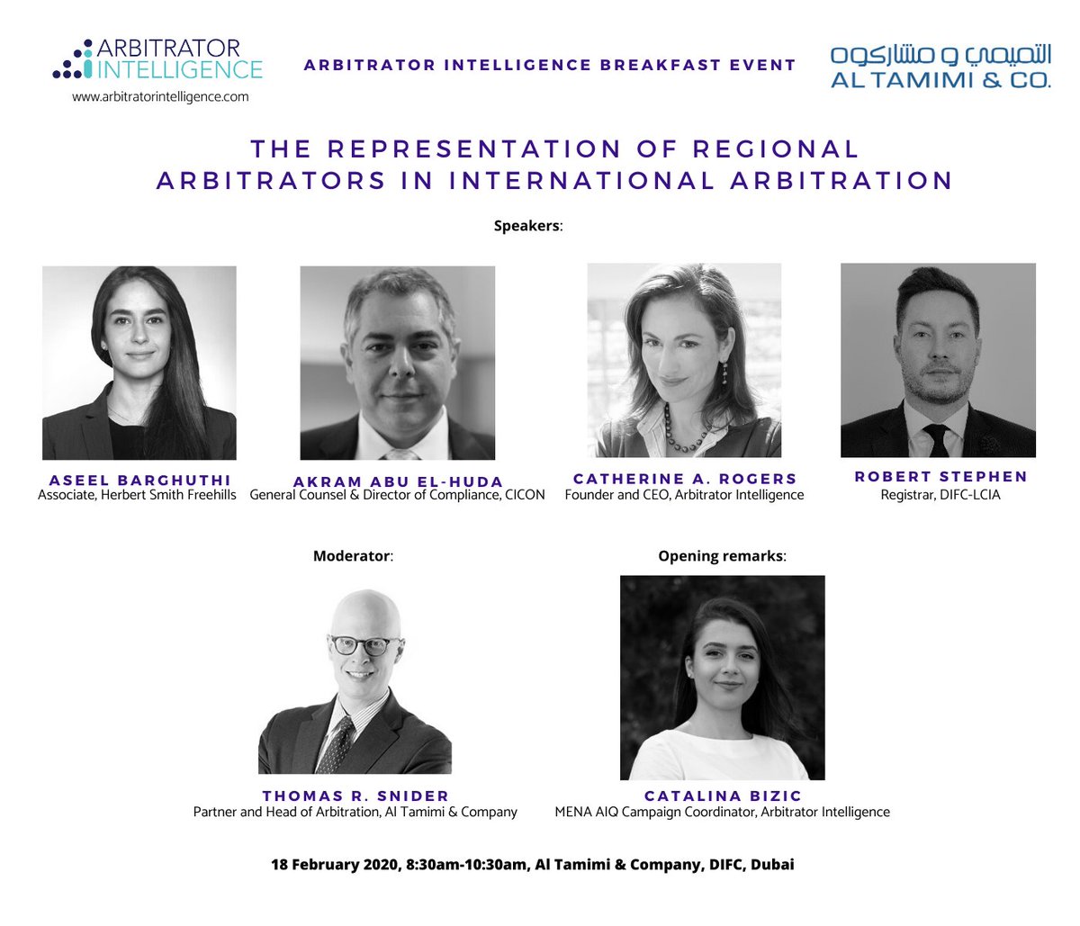 Join us: @arbintelligence Breakfast #Event at the <a href="/AlTamimiCompany/">Al Tamimi & Company</a> offices in #DIFC, #Dubai tomorrow, 18/02/20, 8.30am-10.30am. The discussion will focus on the representation and #diversity of regional #arbitrators in international #arbitration. RSVP: bit.ly/2vkYwtn