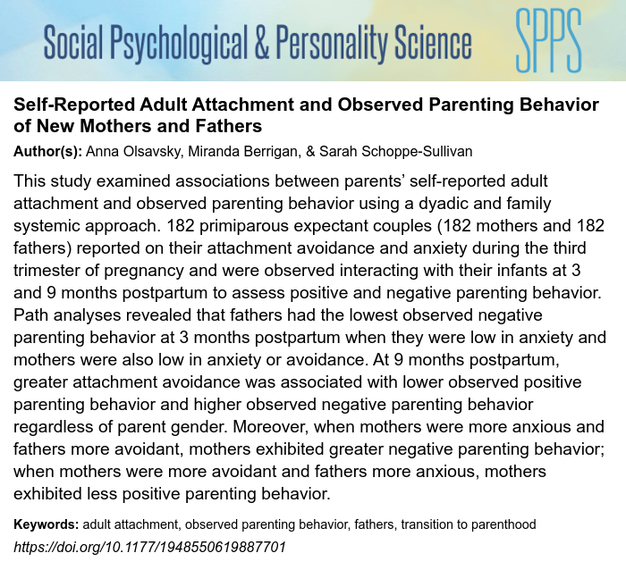 ** New Research Article ** by Anna Olsavsky, Miranda Berrigan, &amp; Sarah Schoppe-Sullivan — Self-Reported Adult Attachment &amp; Observed Parenting Behavior of New Mothers and Fathers <a href="/AnnaOlsavsky/">Anna Olsavsky</a> <a href="/MirandaBerrigan/">Miranda Berrigan, PhD</a> <a href="/schoppesullivan/">Dr. Sarah Schoppe-Sullivan</a> #spps_journal @SAGEpsychology doi.org/10.1177/194855…