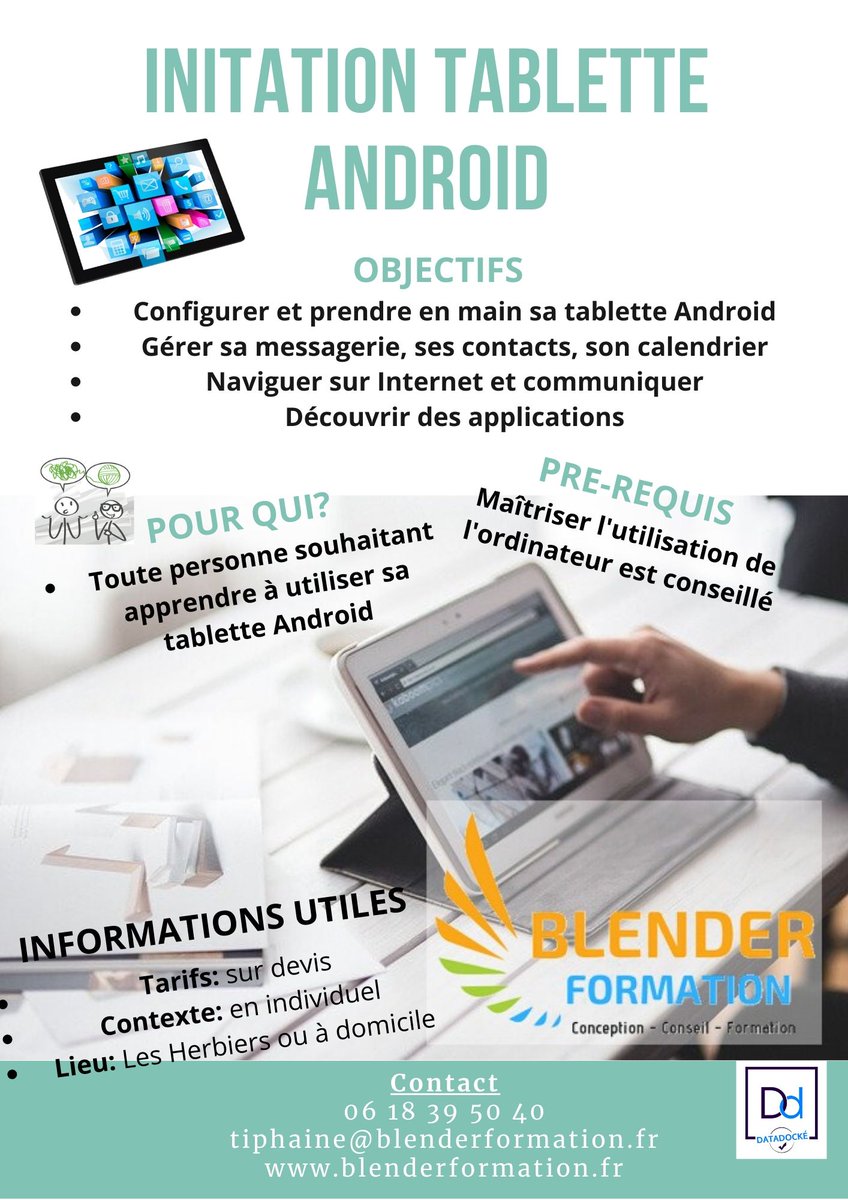 BlenderFormati1's tweet image. L&apos;atelier initiation tablette Android est fait pour vous.
Blender Formation vous forme
Contacter: 06 18 39 50 40
#TabletteAndroid #InitiationTablette #BlenderFormationLesHerbiers #Entreprises #TPE #PME #PMI #Particuliers #Pratiques #Pédagogie #Accompagnement #Formation #ADomicile