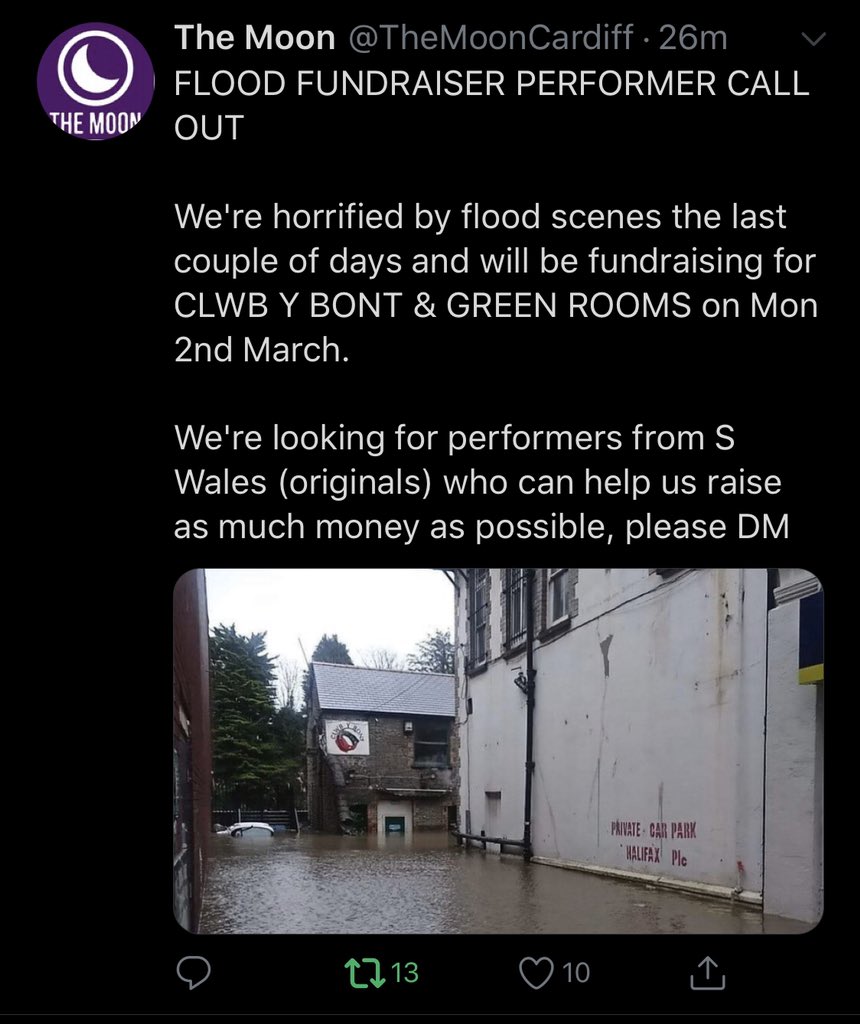 FLOOD FUNDRAISER

<a href="/TheMoonCardiff/">The Moon Cardiff 🎟️SUPPORT YR LOCAL MUSIC VENUE</a> are calling for musicians to perform to raise money for the devastating damage done to <a href="/ClwbYBont/">Clwb Y Bont</a> &amp; Green Rooms in Pontypridd from the floods.

🎈 GIG DATE
📆 2nd March

🙏 PLEASE SHARE THIS MESSAGE FAR &amp; WIDE &amp; let’s raise as much as we can!