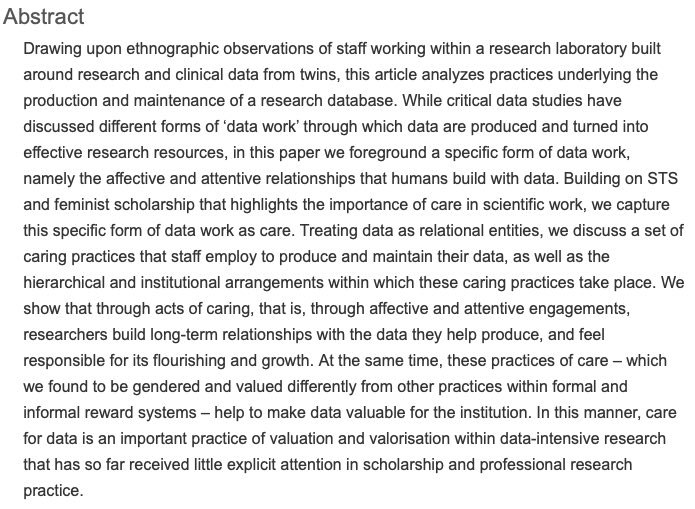 Caring for data: Value creation in a data-intensive research laboratory— C. Pinel, B. Prainsack & C. McKevitt(Social Studies of Science) https://journals.sagepub.com/doi/full/10.1177/0306312720906567