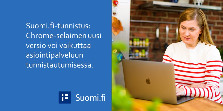 Chromen uuden version evästekäytännöt muuttuvat 17.2. alkaen. Suomi.fi-tunnistus toimii uudella versiolla, mutta siirtyminen joihinkin asiointipalveluihin voi epäonnistua. Ongelmien yhteydessä, kokeile toista selainta tai tyhjennä välimuisti: suomi.fi/uutiset/chrome…
