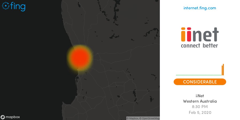 outagedetect's tweet photo. β‘ Considerable Internet #outage detected: #iiNet in #WesternAustralia #Australia since 8:30 PM, impacting #Perth #Currambine #OsbornePark +1 areas
π¦πΊ Live map and analysis
π https://t.co/nMpTCA5eo3
#iinet #iiNetdown #iiNetoutage #nointernet #PrimeTime https://t.co/tiMHgH4a8o