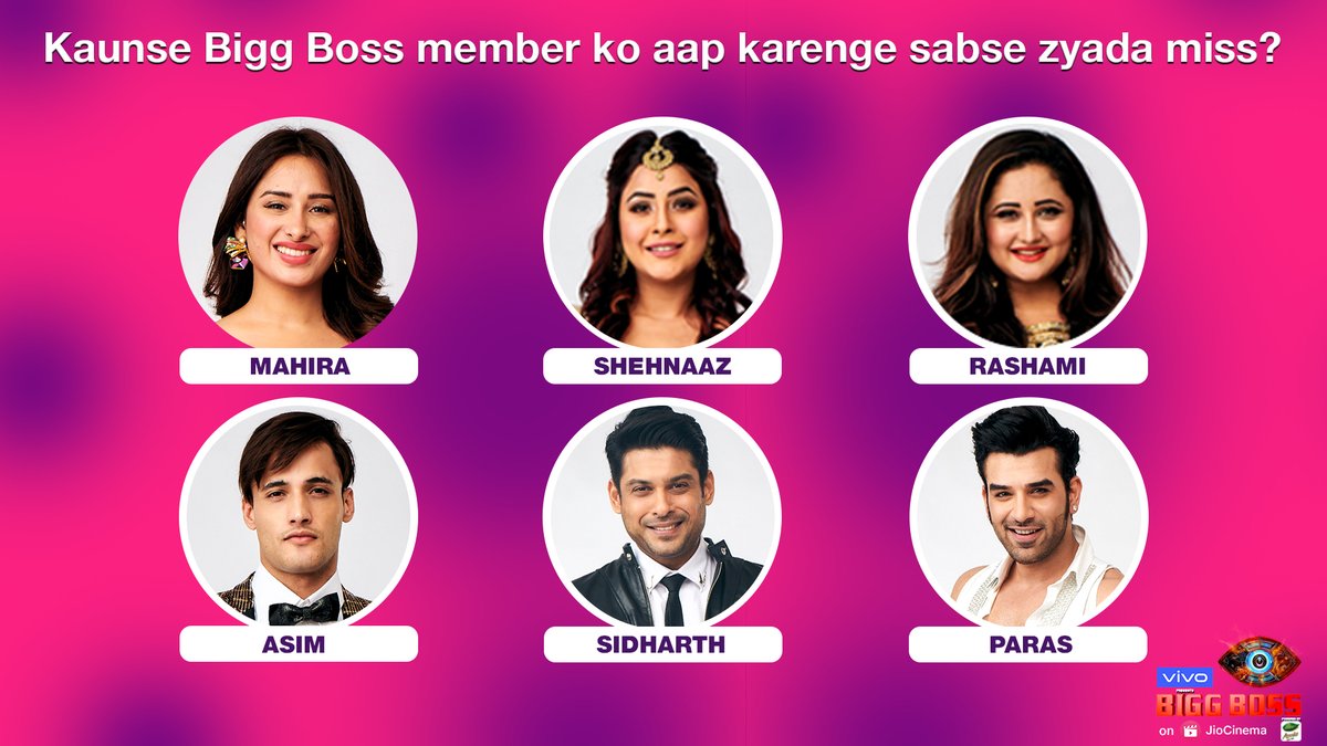 HotstarReality's tweet image. Kisey karenge aap sabse zyada miss? 

#Bb13 #biggboss #salmankhan #asimriaz #sidharthshukla #mahirasharma #paraschhabra #aartisingh #rashamidesai #shehnaazgill