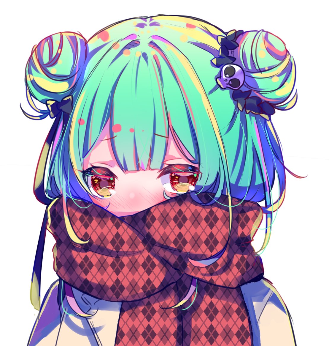 uruha rushia 1girl hair bun double bun scarf solo green hair skull hair ornament  illustration images