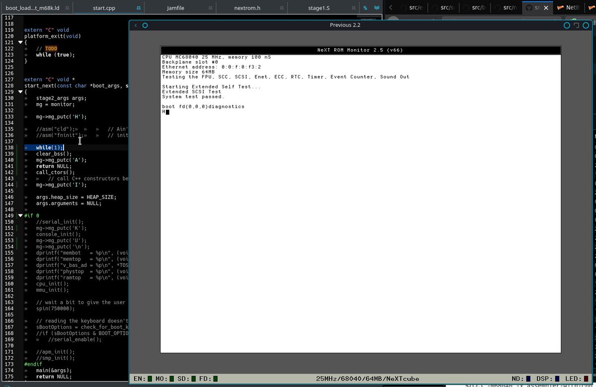 mmu_man's tweet image. Haiku&apos;s bootloader printing its first character on a #NeXT…

#NeXTstep #NeXTCube #RetroComputing #HaikuOS cc @faxm0dem @pulkomandy @OCO27