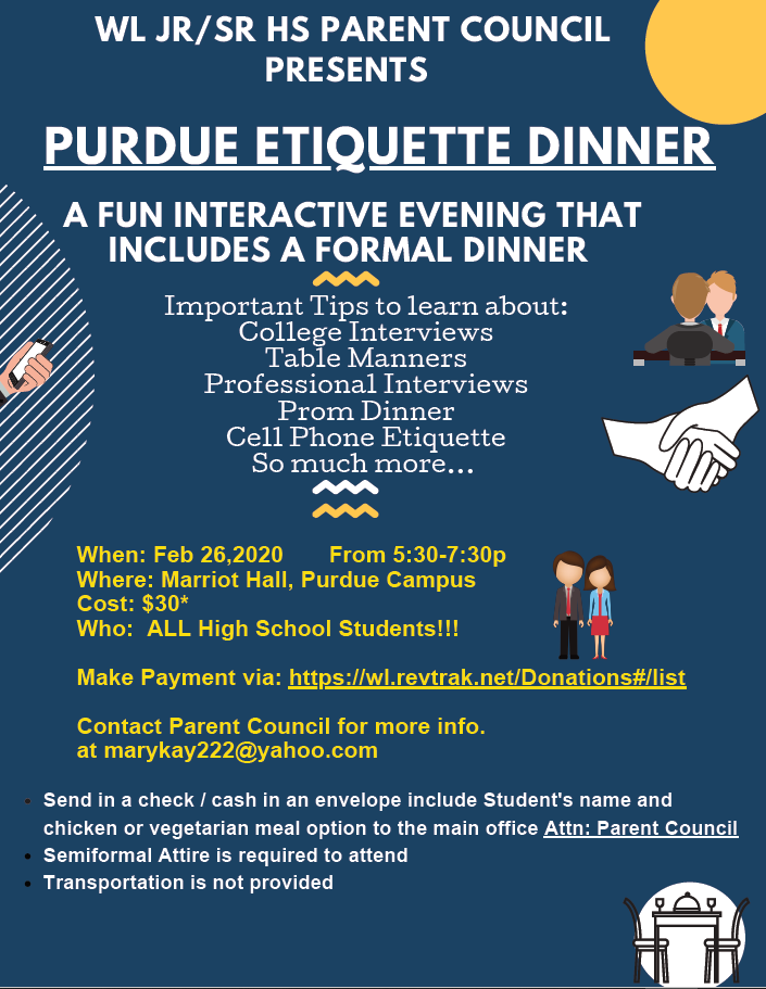 WLParentCouncil's tweet photo. Here is some updated information on our Purdue Etiquette Dinner coming up on February 26. Contact marykay222@yahoo.com for more information.
Make Payment via: https://t.co/89PlkcUtJR https://t.co/sRkcJXGFyC