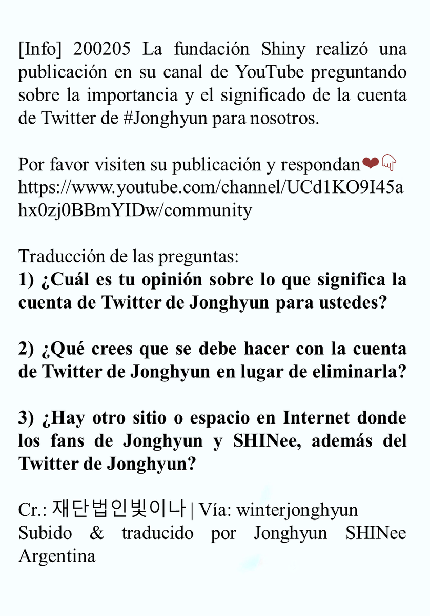 JH_SHINeeArg's tweet photo. [Info] 200205 La fundación Shiny realizó una publicación en su canal de YouTube preguntando sobre la importancia y el significado de la cuenta de Twitter de #Jonghyun para nosotros. 

Por favor visiten su publicación y respondan❤️ 👇
https://t.co/DKFdjUD6jP https://t.co/3j29RW7aiN