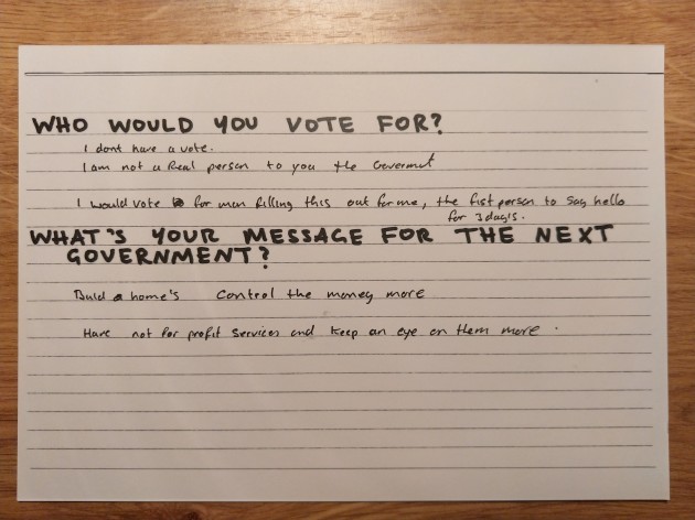 HomelessIreland's tweet photo. The word 'empathy' was used on a number of cards. Some said they wouldn't vote for any of the candidates, but would vote for the volunteers who had stopped to talk to them -  because usually people just walk past. https://t.co/KXxvWKZfN7