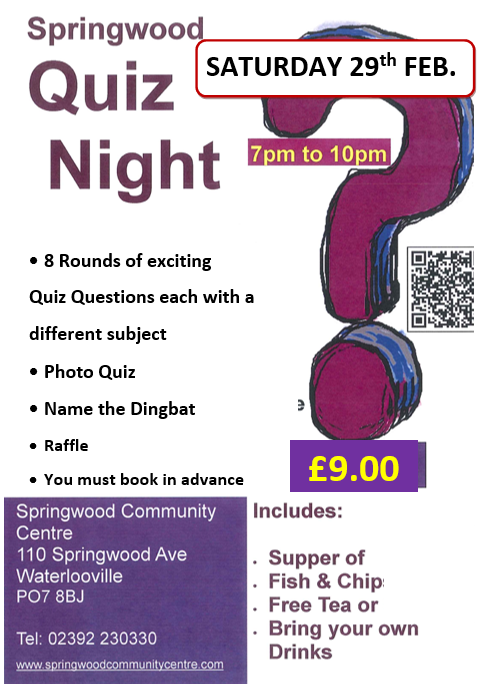 Springwood_CC's tweet image. Come along to our popular quiz night for a great, fun evening. Price includes fish n chips, tea/coffee/Juice. Guests are welcome to beverages of their choice, including alcohol. Call the office now to reserve your place - 02392230330