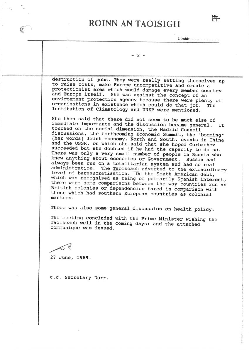 Confidential note of a meeting between the Taoiseach Charles Haughey and Prime Minister Margaret Thatcher in Madrid, Spain, 26 June 1989.  Ref. NAI 2019/30/518