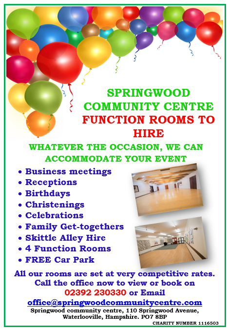 Springwood_CC's tweet image. Are you in search of a hall to hire? We have a hall suitable to your requirements. Call in to the centre for a chat and view the rooms or give us a call for more information on 02392230330.