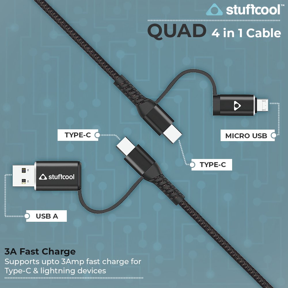 Stuffcool's tweet image. 4 in 1 multi-port cable!
Yes, you heard us right!
Introducing the Stuffcool Quad 4 in 1 Cable.
It enables:
✔USB to Micro 
✔USB to C 
✔Type C to C 
✔C &amp;amp; C to Micro 

Shop Now: bit.ly/2GfaxDc
 
#Multiport #USB #Quad #QuadCable #Cable  #Stuffcool #LilThingsMatter