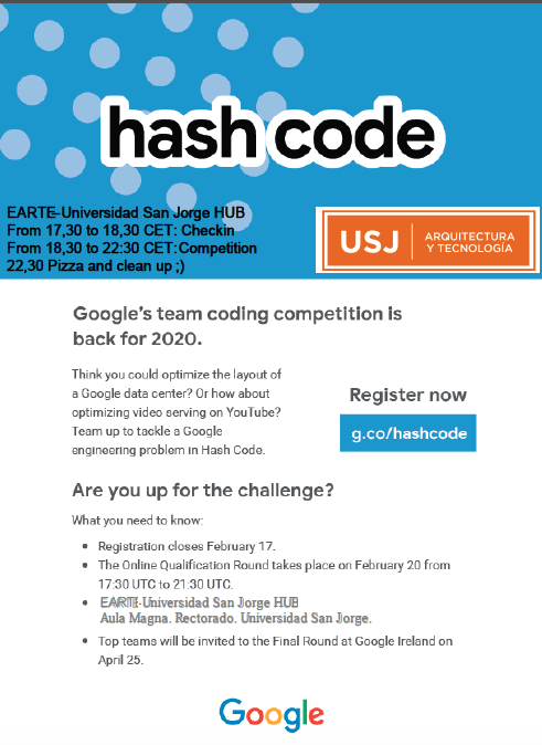 TecnologiaUSJ's tweet image. Este curso nos hemos decidido a montar un #HUB para el #Googlehashcode2020 Si os apetece participar desde la escuela, os tenéis que registrar en g.co/hashcode y después seleccionar el HUB EARTE-Universidad San Jorge en “My Team" ¡Animaros!