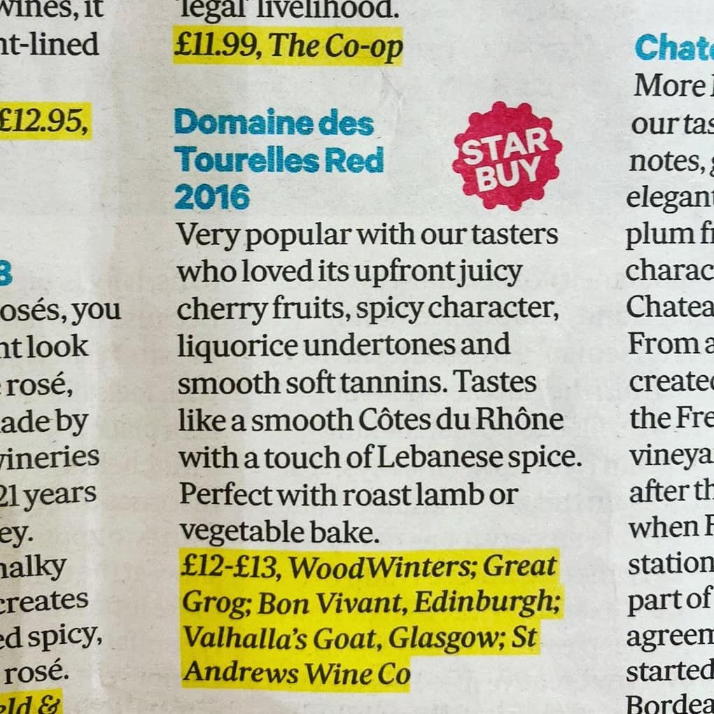 We are delighted to have our wines picked as Rose Murray Brown's star buy, not once, but twice in her column in Scotsman Food &amp; Drink column last week.

#DomainedesTourelles #review #wine #winery #foodanddrink #lebanon #lebanesewine #winesofleabnon #aroundtheworld