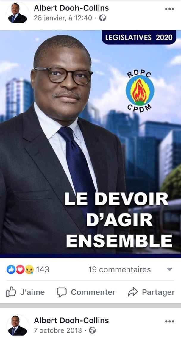 samvicked's tweet photo. La page Facebook du député Albert Dooh-Collins est restée muette pendant 6 ans, 3 mois et 21 jours.
Soit 10 jours avant la proclamation des dernières élections en 2013 et 3 jours après le début de la campagne des élections du 9 Février 2020 https://t.co/oo7qw8nHlZ