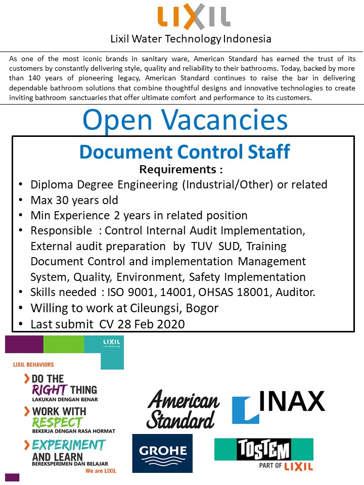 Lixil Water Technology Indonesia membuka lowongan dan bagi yang berminat kirim email ke CRC!
