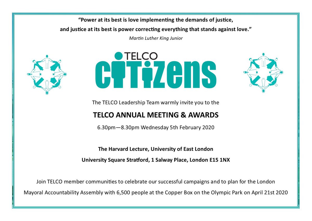 telcocitizens's tweet photo. Looking forward to our Annual Meeting & Awards: 6.30pm, 5th Feb @UEL_News. We’ll be celebrating achievements & planning ahead for the London Mayoral Accountability Assembly on April 21st. @BDcitizens @THCitizens @RedbridgeCit @WfCitizens @HackneyCit @NewhamCitizens @CitizensUK https://t.co/L6T1OWLwoC