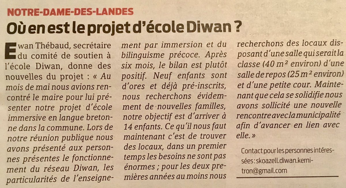 #NotreDameDesLandes  / #KernitronAlLann.
"Où en est le projet d'école #Diwan ?"

Suivez ce compte pour vous informer : @Diwan_Kernitron.

[Presse Océan  — 04/02/20]
•
#NDDL #Breton #BZHG #Naoned #Brezhoneg #Nantes #LangueBretonne #LoireAtlantique #EmojiBZH