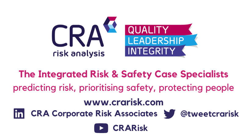 Image states that CRA are integrated risk and safety case specialists. Image also provides the handles for CRA's social media accounts. 