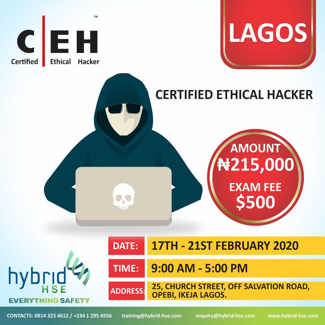hybridhsegroup's tweet photo. We're excited to add the CEH(Certified Ethical Hacker) course training to our list internationally accredited courses. Make history with us & register now with our first class holding in #Lagos #Warri and #Accra
Details in the flyers
#ceh #hacker #certifiedhacker #hybridgroup https://t.co/1GWusMgSHM