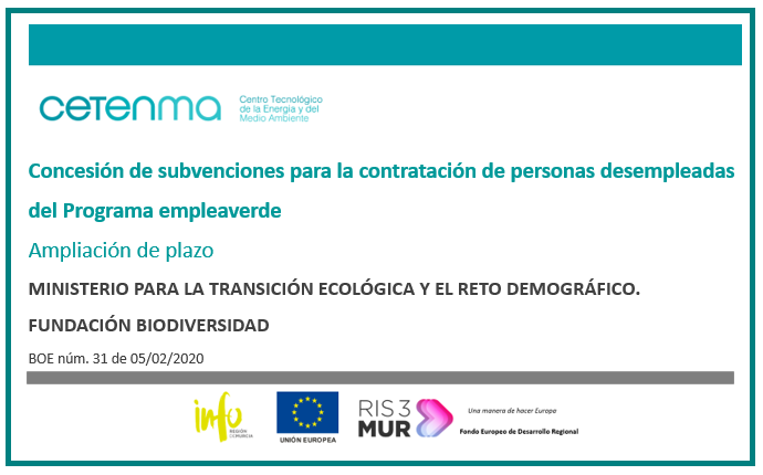 CETENMA's tweet image. 📣 AMPLIACIÓN DE PLAZO
⏳ 05/03/2020 🕑 14:00H

✔️ Subvenciones para la contratación de personas desempleadas del #ProgramaEmpleaverde

▶️ Publica @mitecogob 👉 @FBiodiversidad
 
🔗 cutt.ly/erAu0Ya
🔎 cutt.ly/ZrAu2s0

#VT #Alertas 
#FundaciónBiodiversidad