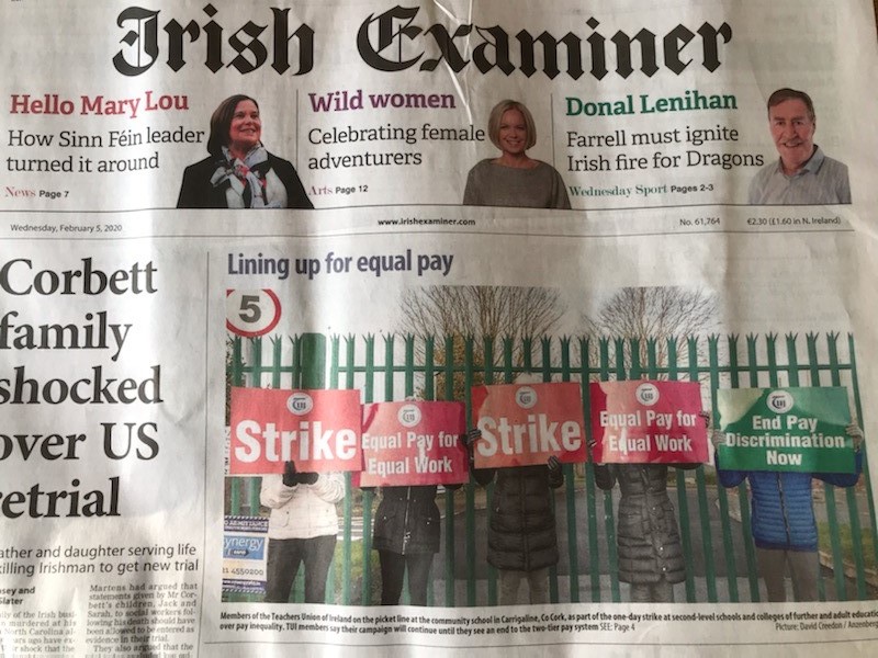 TUIunion's tweet photo. Great image from the picket line at Carrigaline Community School on the front of today's Irish Examiner #EqualPayForEqualWork #TUIstrike https://t.co/zZDh9dEVPE