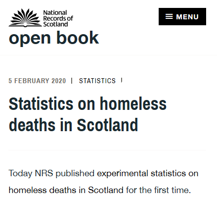 Today we published experimental statistics on homeless deaths in Scotland for the first time, in response to user demand. We worked closely with <a href="/ONS/">Office for National Statistics (ONS)</a> in developing our methodology – read about our approach on the NRS blog blog.nrscotland.gov.uk/2020/02/05/hom… #NRSStats #statistics <a href="/ScotStat/">Scottish Government Statistics</a>