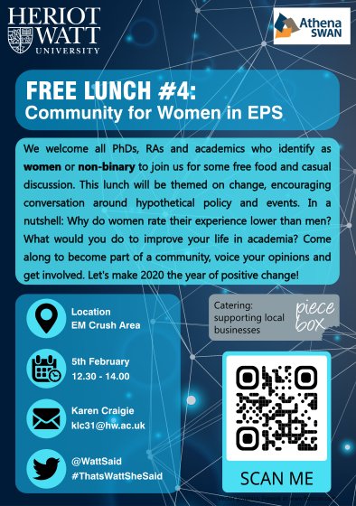 FREE LUNCH TODAY
Whether you're in it for the scran or inciting, inspiring and directing policy to improve the academic research environment in EPS - come along! 
<a href="/ISSS_HW/">ISSS Heriot-Watt</a> <a href="/HW_PPICSS/">PPICSsoc</a> <a href="/PoBBBS/">PoBBBS</a> <a href="/HeriotWattUni/">Heriot-Watt University</a> <a href="/HWUAthenaSwan/">HWU - AthenaSwan</a> <a href="/HWUSuccess/">HWU Success and Wellbeing</a> <a href="/HWU_EPS/">Heriot-Watt Research@EPS</a> <a href="/HWU_pdf/">Heriot-Watt Postdoc Forum</a> <a href="/HebaShoukry4/">Heba Shoukry</a>