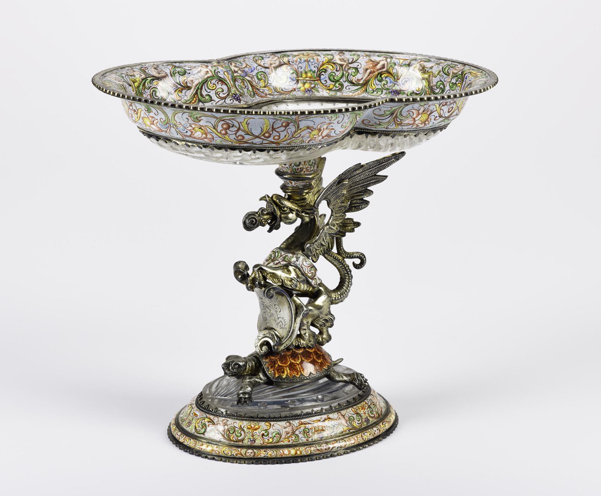 Tazza with bowl and foot of ribbed rock crystal with enamelled borders, and silver-gilt stem in form of a griffin resting on a tortoise with enamelled carapace: Austrian, 1867 – 1872 (A.1874.57.7).
Images © National Museums Scotland