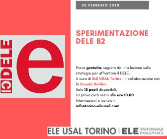 eleusaltorino's tweet photo. Sperimentazione gratuita ed esclusiva del #DELEB2 , prova di comprensione di lettura.
Con l'Università di Salamanca a #Torino , il 20 febbraio alle 10.00, in collaborazione con la @ScuolaHolden
Solo 15 posti disponibili.
Iscrizioni: info(chiocciola)https://t.co/WUOvPAIPKF https://t.co/PnTdds3Kty