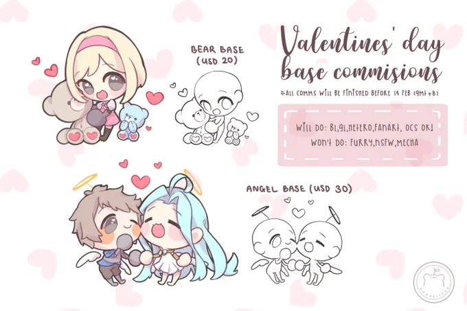 【RTs 💕】Valentines base commissions open ~ 
These will all be finished before 14 Feb !!

♥ 10 slots 
♥ 1 slot = 1 comm
♥ Paypal payment only
♥ Please DM me if interested ! 
