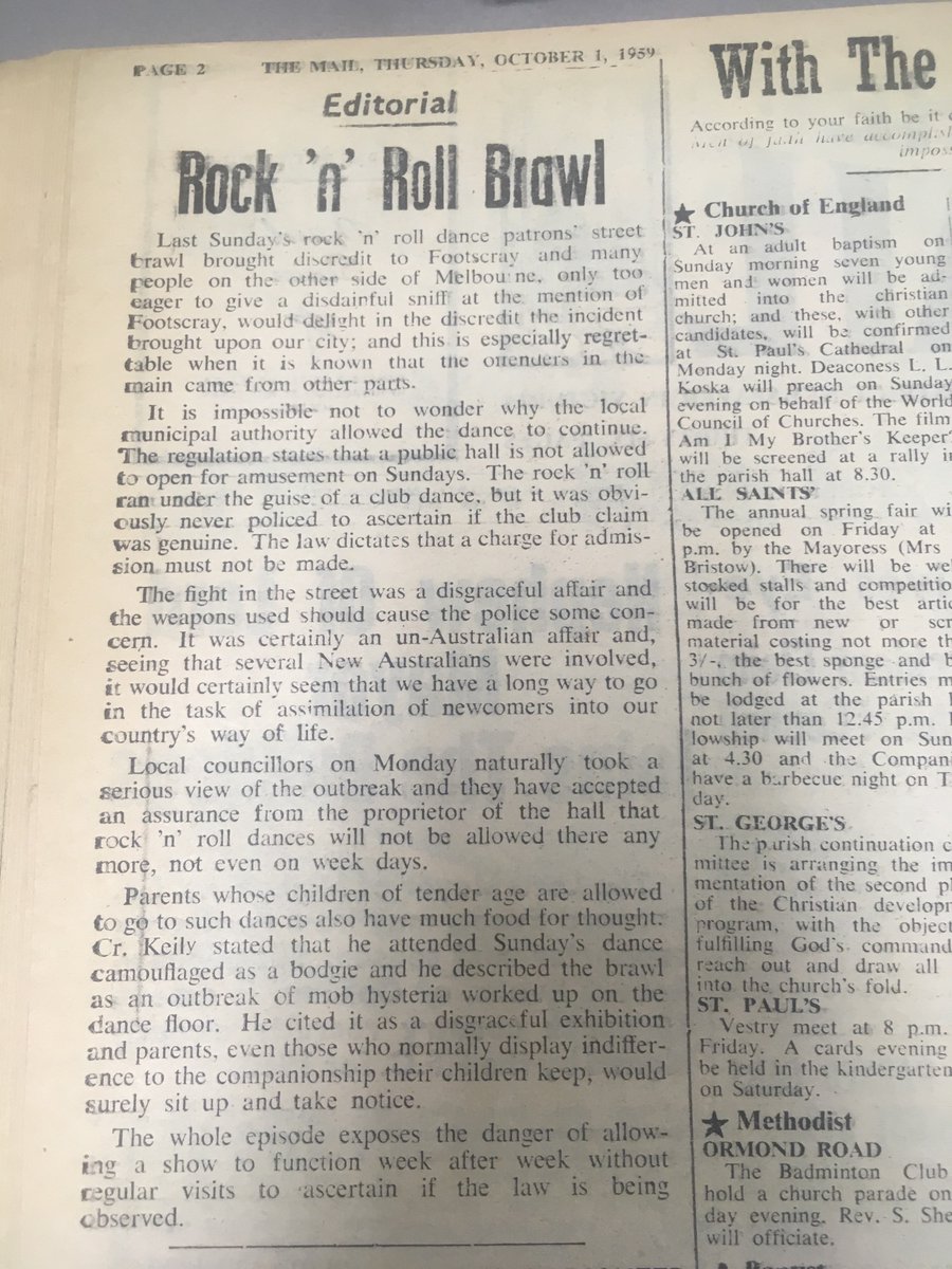 Footscray Mail editorial: “ROCK ‘N ROLL BRAWL... it was certainly an un-Australian affair and, seeing that several New Australians were involved, it would certainly seem that we have a long way to go in the assimilation of newcomers into our country’s way of life”.