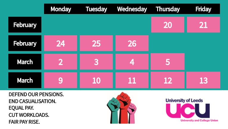 Strike dates as at https://www.ucu.org.uk/article/10621/UCU-announces-14-strike-days-at-74-UK-universities-in-February-and-March