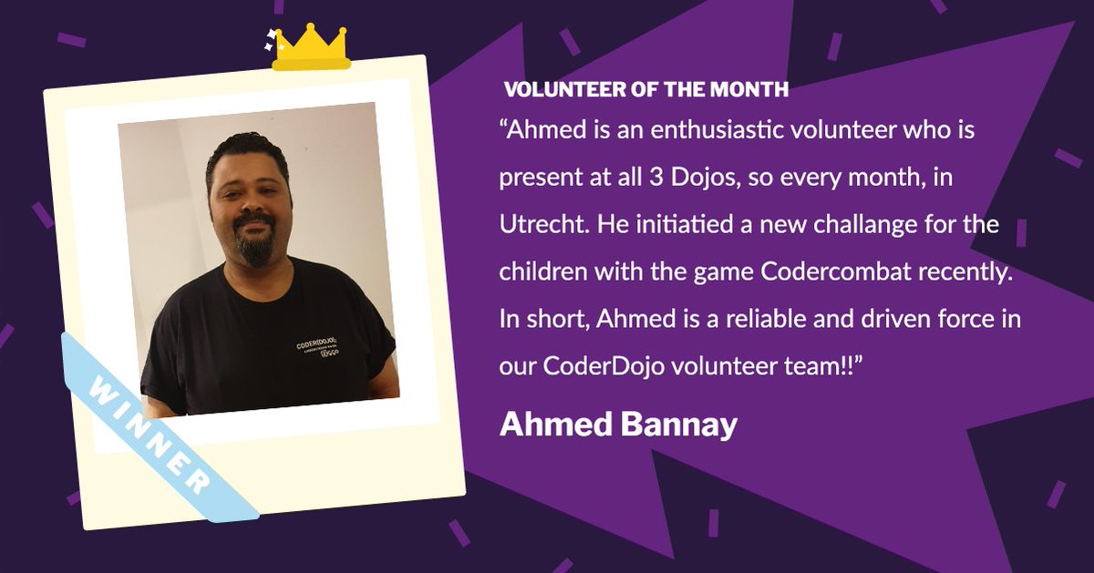 CoderDojo's tweet image. Congrats to Ahmed, from the Utrecht Dojo, who is Volunteer of the Month! 💐👏
You can now nominate someone for February below. The winner will get a cert, a piece in our newsletter, and have a chance of winning a Raspberry Pi 4! 👇
coderdojo.com/2020/01/10/lau…
#CoderDojoVolunteer