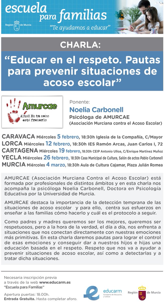 FampaceMurcia's tweet photo. Esta tarde en Caravaca dan comienzo 5 nuevas sesiones de la Escuela de Familias @Educarm centradas en la prevención del acoso escolar a cargo de Noelia Carbnell de @amurcae  y que se celebrarán también en Lorca, Cartagena, Yecla y Murcia en las próximas semana #JuntosSumamos https://t.co/GKWOx3G03D