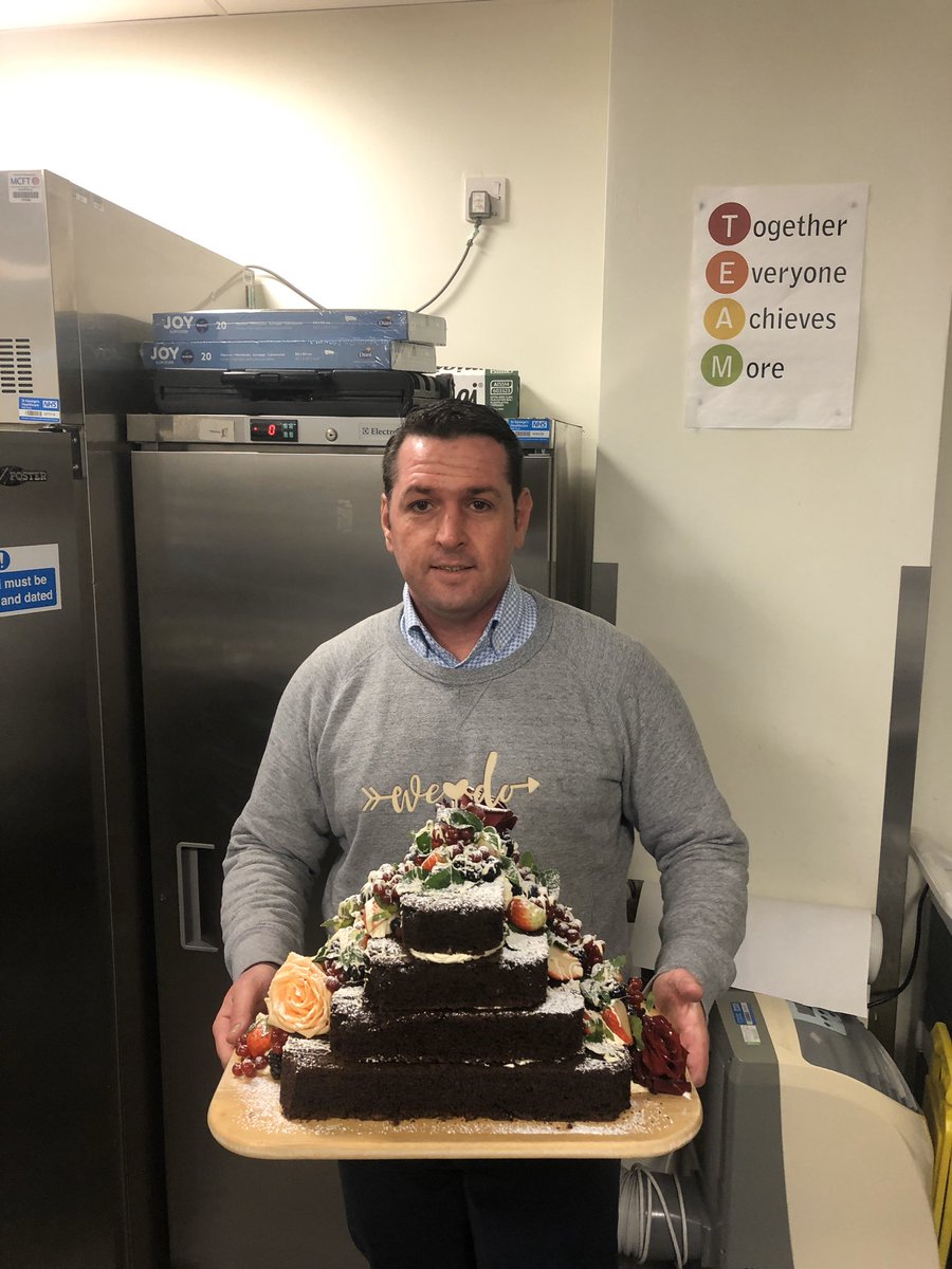 Here’s Dave our lovely project manager for retail catering, with a gorgeous wedding cake 🍰 he made for a patient’s wedding today @StGeorgesTrust #caringtogether #outstandingcare