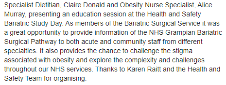 NHSGrampian's tweet photo. Specialist Dietitian, Claire Donald and Obesity Nurse Specialist, Alice Murray, presenting an education session at the Health and Safety Bariatric Study Day. https://t.co/cAT3CTSfQi
