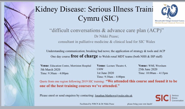 RenalWelsh's tweet photo. Hot off the press! “One of the best courses I’ve attended”. The  success of the 2019 Kidney Disease: Serious Illness Training 🏴󠁧󠁢󠁷󠁬󠁳󠁿 &amp; ACP programme has secured 3 more dates for 2020.  Calling all renal doctors, nurses (nhs &amp; ISP), MDT’s in 🏴󠁧󠁢󠁷󠁬󠁳󠁿 @Pease2013 🙏 https://t.co/76RrZVY7Uv