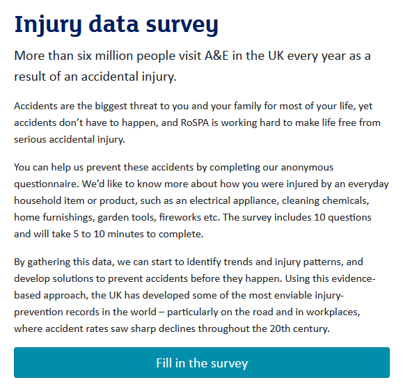 We're running a survey 📊To enable safety and public health practitioners &amp; authorities to dev programmes that tackle the most common causes of accidents 🤕Anyone affected by an accident, whether to themselves or a member of the family, can take part 👀
rospa.com/survey