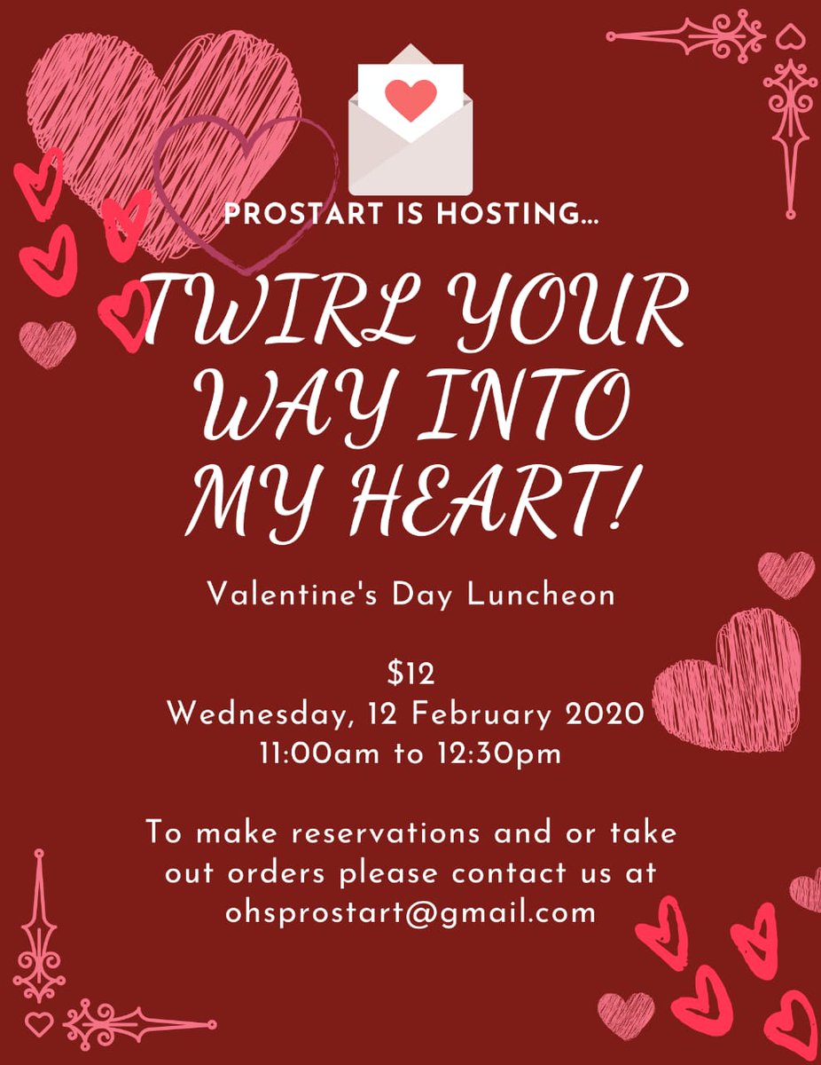 OkkodoProstart's tweet photo. Twirl your way into our classroom to enjoy a pasta dish of your choice! Prostart is hosting a faculty and staff "Twirl Your Way Into My Heart" Valentine's luncheon

Only for $12 on February 12 from 11:00am to 12:30pm. https://t.co/LMQULLcgoU