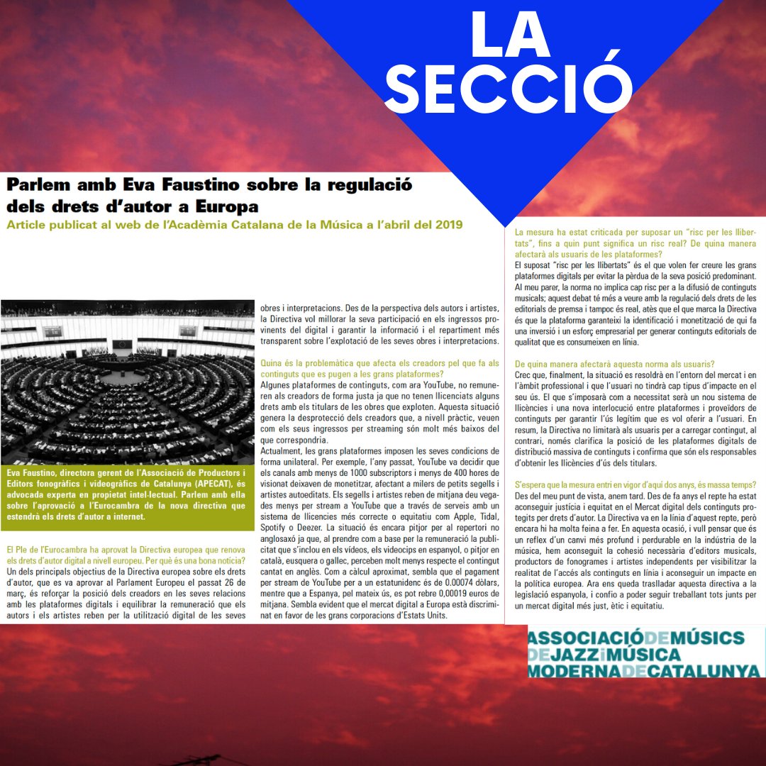 amjmcat's tweet photo. [LaSecció] - Nou tema dins #LaSecció.
Parlarem de #DretsdAutor. Aquí podeu llegir l´article sobre la conversa amb #EvaFaustino, publicat a la web de @AcademiaMusica_ que també vam publicar al JazzButlletí
Trobareu el recull de totes les Seccions a https://t.co/QMYQTJjDUM https://t.co/5BTZ89yPOe