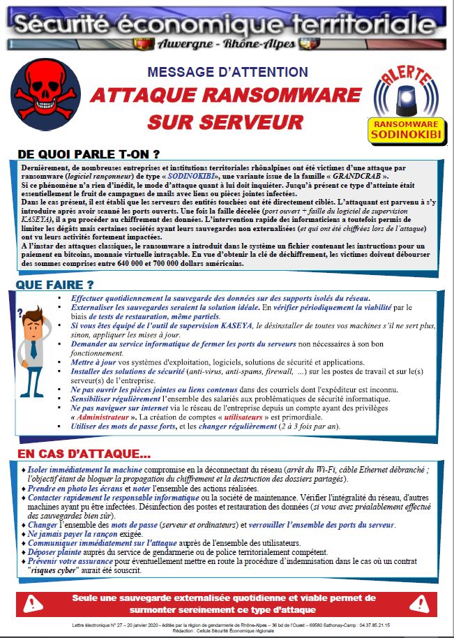 Lionel POINSOT (@lionelpoinsot) on Twitter photo #IMPORTANT Nombreuses attaques par Ransonware en <a href="/auvergnerhalpes/">Auvergne-Rhône-Alpes</a> Merci de diffuser l'alerte de la gendarmerie.
#cybersecurite @ClusirRA <a href="/CPMErhone/">CPME du Rhône</a> @CPMEaura <a href="/medeflyonrhone/">MEDEF Lyon-Rhône</a> <a href="/MedefAura/">MEDEF Auvergne-Rhône-Alpes</a> <a href="/CCILYONMETRO/">CCI LYON METROPOLE</a> <a href="/CMA_69/">CMA Lyon-Rhône</a> <a href="/cmaAURA/">CMA Auvergne-Rhône-Alpes</a> @grandlyon_eco <a href="/prefetrhone/">Préfète de région Auvergne-Rhône-Alpes et du Rhône</a> <a href="/AURAentreprises/">Auvergne-Rhône-Alpes Entreprises</a> #IMPORTANT Nombreuses attaques par Ransonware en <a href="/auvergnerhalpes/">Auvergne-Rhône-Alpes</a> Merci de diffuser l'alerte de la gendarmerie.
#cybersecurite @ClusirRA <a href="/CPMErhone/">CPME du Rhône</a> @CPMEaura <a href="/medeflyonrhone/">MEDEF Lyon-Rhône</a> <a href="/MedefAura/">MEDEF Auvergne-Rhône-Alpes</a> <a href="/CCILYONMETRO/">CCI LYON METROPOLE</a> <a href="/CMA_69/">CMA Lyon-Rhône</a> <a href="/cmaAURA/">CMA Auvergne-Rhône-Alpes</a> @grandlyon_eco <a href="/prefetrhone/">Préfète de région Auvergne-Rhône-Alpes et du Rhône</a> <a href="/AURAentreprises/">Auvergne-Rhône-Alpes Entreprises</a>
